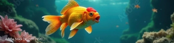 Fototapeta Vibrant goldfish, open mouth, underwater scene, wildlife, swimming, shadow
