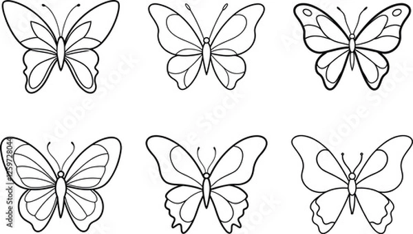 Obraz Six Simple Line Drawings of Colorful Butterflies