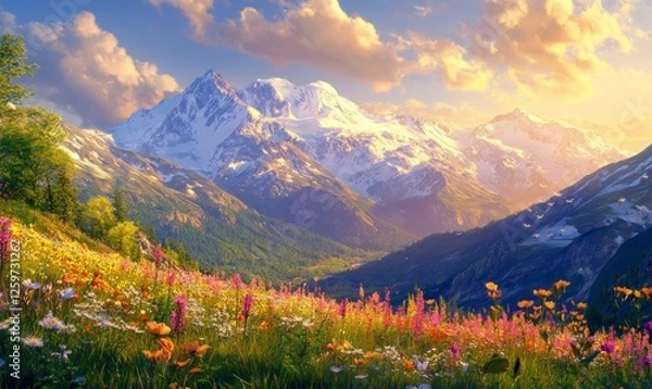 Obraz mountain landscape with snow-capped peaks and alpine meadows in full bloom, bathed in the golden light of sunset.