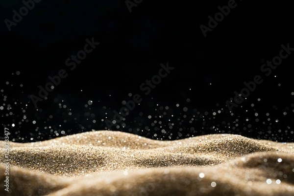 Fototapeta Glittering gold sand texture, dark background, studio shot, product display