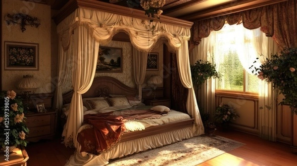 Fototapeta A bedroom with a canopy bed and a clean, clutter-free floor.