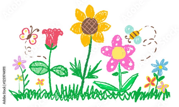 Obraz Kid doodle hand drawing crayon, wax, pencil, chalk or charcoal texture. childlike flowers and plants, grass illustration. messy and colorful vector art	
