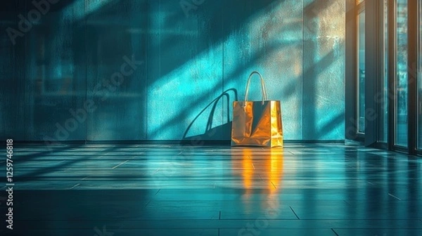 Fototapeta A solitary golden shopping bag casts shadows in a modern, sunlit urban space with reflections