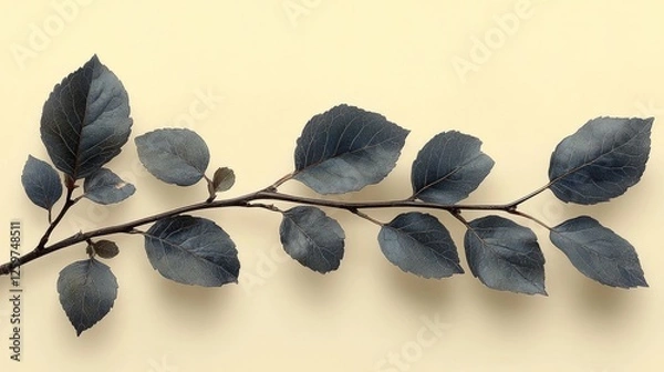 Fototapeta A delicate branch of dark blue leaves arranged artistically on a soft yellow background