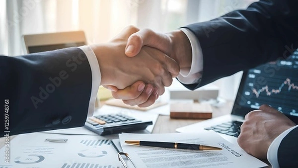 Obraz Two people in business suits shake hands over a desk cluttered with documents.