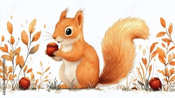 Fototapeta A cheerful squirrel holding an acorn amidst vibrant autumn foliage in a serene forest setting