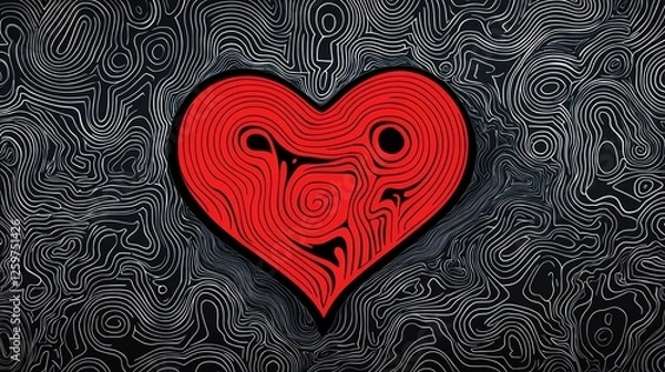 Obraz A vibrant red heart design with intricate swirling patterns, set against a contrasting dark background, symbolizing love and emotion.