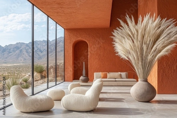 Fototapeta Desert retreat experience modern architecture warm earth tones serene environment panoramic view high fidelity design