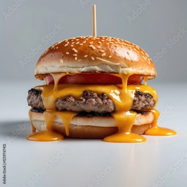 Fototapeta Juicy hamburger with melted cheddar cheese and fresh tomato on sesame bun.