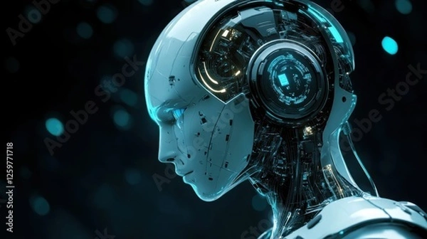 Fototapeta Futuristic Female Cyborg Robot Head AI Technology Artificial Intelligence Close up Profile View