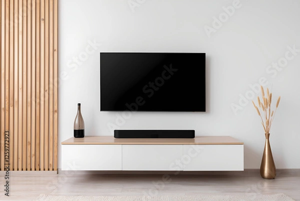 Fototapeta modern living room with tv and sound bar mockup. Home entertainment system mockup. Tech, visual, audio entertainment. Stylish interior design, 300dpi, 3d