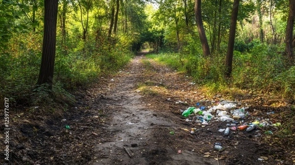 Fototapeta Forest Path Littered with Trash - Environmental Damage