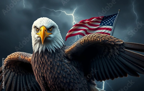 Fototapeta A fierce bald eagle with detailed feathers spreads its wings against a dark, stormy sky. Lightning flashes behind it, illuminating a tattered yet proud American flag waving in the wind. 