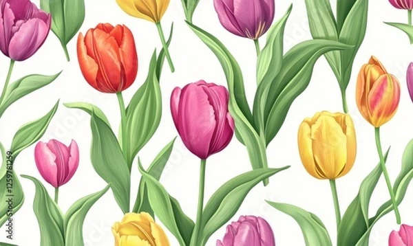 Fototapeta Colorful tulips seamless pattern, spring floral design, nature background, for fabric prints