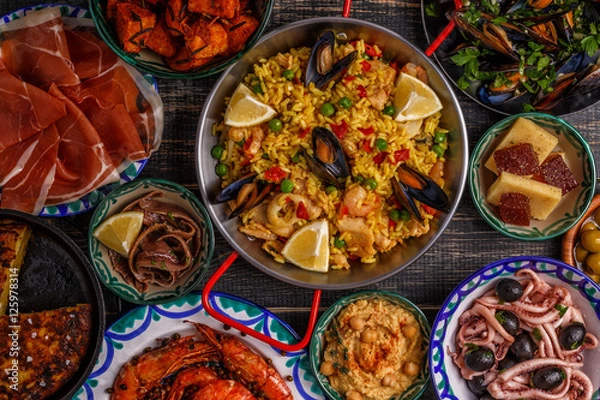 Obraz Typical spanish tapas concept, top view.