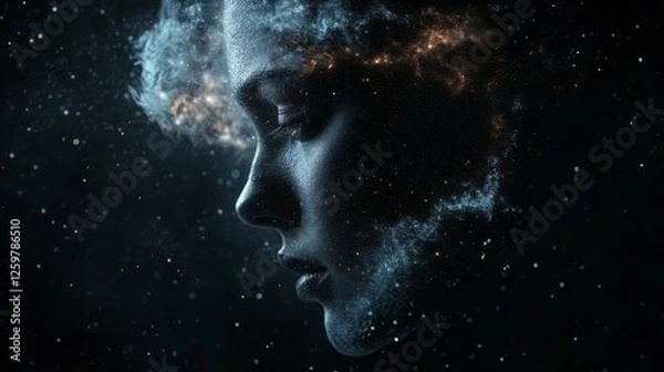 Fototapeta A cinematic photograph of the face of an woman, made of stardust, floating in space with stars and galaxies around her.