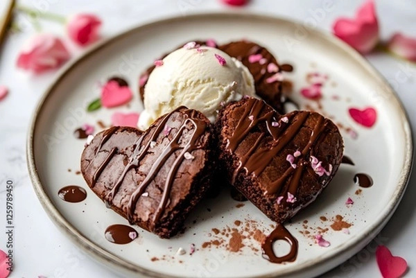 Obraz Heart-shaped brownies with ice cream on a plate, Valentine's Day dessert