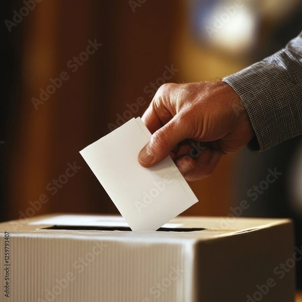 Fototapeta Close up of a hand dropping a ballot into a voting box voting civic participation