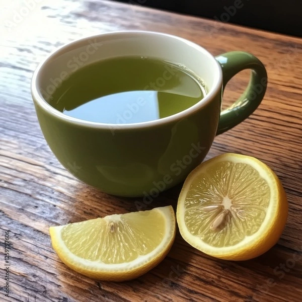 Fototapeta Cup of green tea with a lemon wedge on the side rich in antioxidants brain stimulating beverage