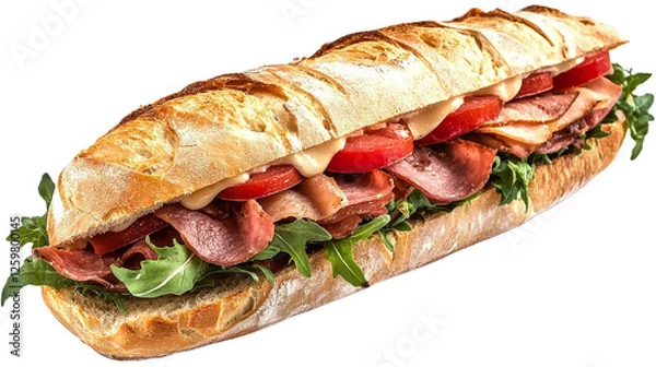 Fototapeta Freshly Made Delicious Sandwich with Ham Tomatoes and Arugula on White Background