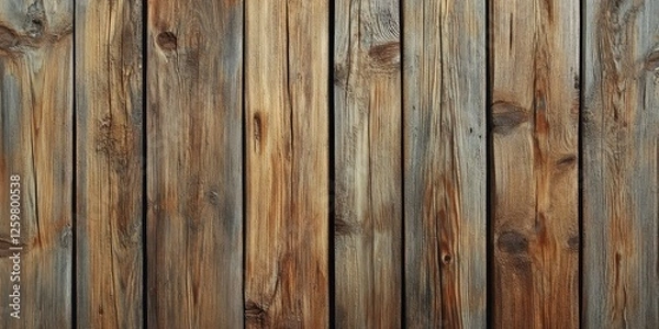 Fototapeta Rustic wooden planks background featuring varied tones of brown and gray with visible knots, arranged vertically for a textured finish.