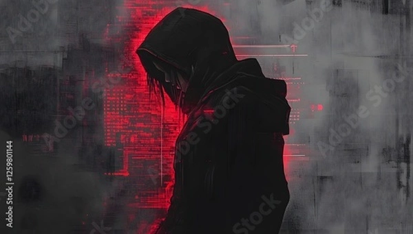 Fototapeta Hooded figure, urban setting, digital interface, mystery