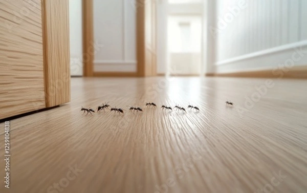 Fototapeta Macro Photography of Ants on White Floor: A detailed close-up shot of black ants on a white wooden floor in an empty house, taken from a low angle. 
