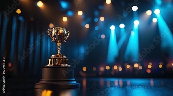 Fototapeta An awards ceremony with a stage podium, golden trophy, and a spotlight focusing on the recipient