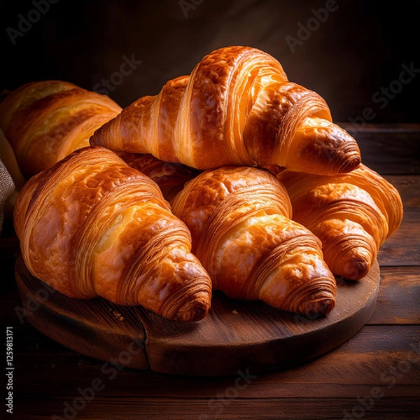 Fototapeta fresh croissants arranged on a rustic wooden table