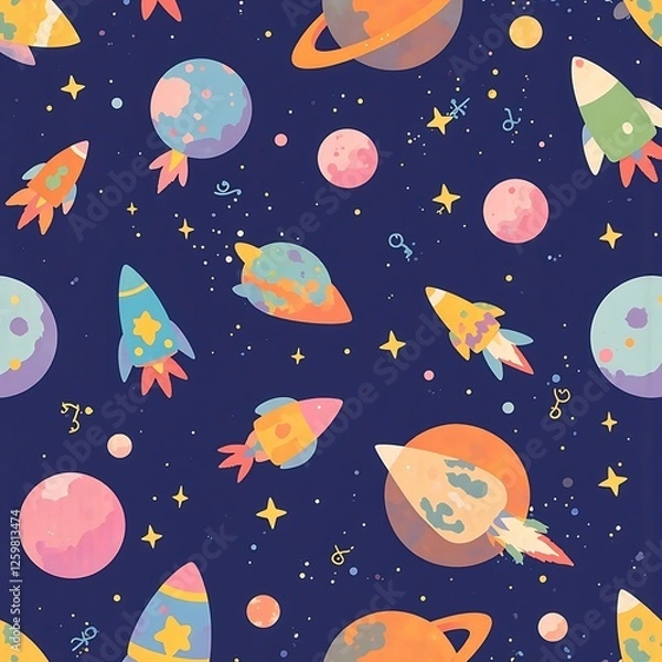 Fototapeta Cute Space Rockets Planets Seamless Pattern Design