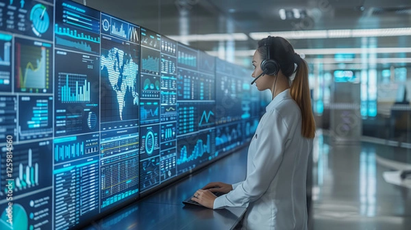 Fototapeta Female Analyst Monitoring Global Data on Digital Screens..
