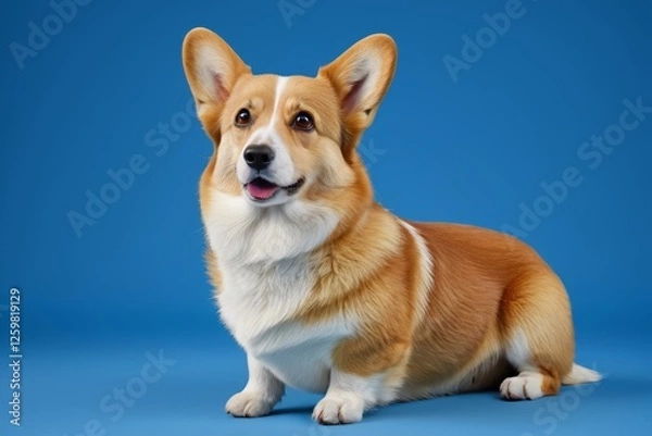 Fototapeta arafed dog sitting on a blue surface with a blue background