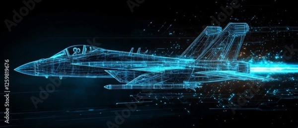 Fototapeta Scifi wireframe jet fighter, vibrant blue structure, glowing neon trail, flying over a dark abstract backdrop, highdefinition