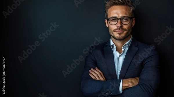 Fototapeta A confident man in a stylish blazer poses against a dark background, exuding charisma and sophistication with glasses and a well-groomed appearance.
