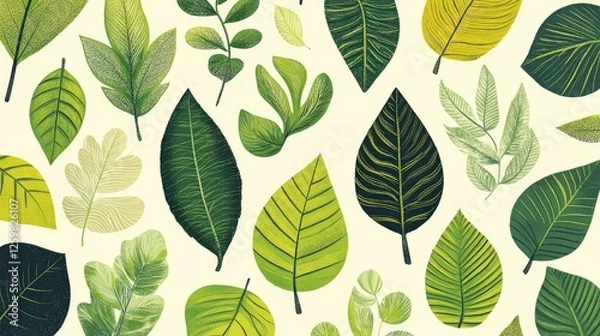 Fototapeta A Diverse Collection of Stylized Leaves in Various Shapes and Shades of Green on a Subtle Light Background