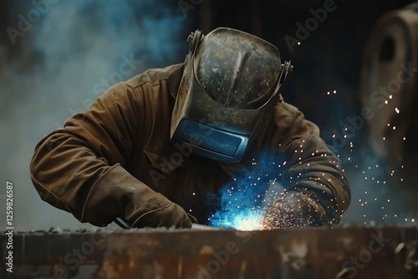 Fototapeta A young welder in a brown uniform and protective gear skillfully operates an arc welding machine at a bustling construction site. Bright blue sparks fly dramatically to the sides, captured in stunning