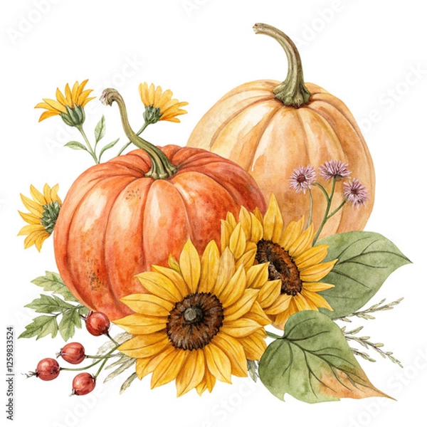 Fototapeta Watercolor Composition of Pumpkins and Sunflowers isolated on transparent background  