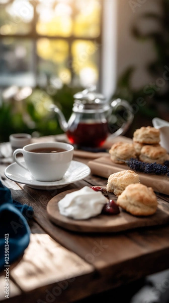 Fototapeta Afternoon Tea with Scones and Tea Cups on Wooden Garden Table