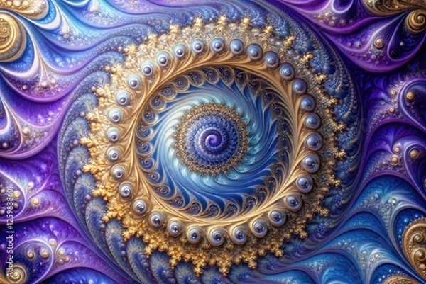 Fototapeta Swirling vortex of purple and blue hues with intricate patterns of silver and gold, cosmic vibes, surrealism, psychedelic patterns