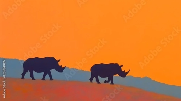 Fototapeta Silhouette of Two Rhinoceroses Walking on a Hill in a Desert Landscape with a Dramatic Orange Sunset Sky in the Background  Minimalist Stylized
