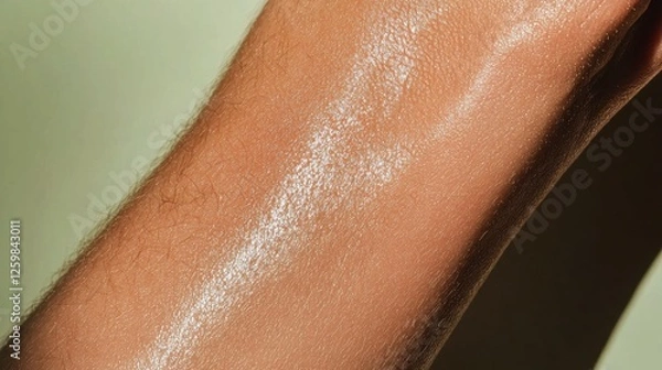 Fototapeta Close-up of a person's arm. the skin appears to be smooth and shiny, with a light brown color. the texture of the skin is uneven and uneven, with some areas appearing darker and others lighter.