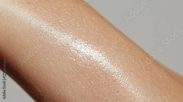 Fototapeta Close-up of a person's arm. the skin appears to be smooth and shiny, with a light beige color. the texture of the skin is uneven and uneven, with some areas appearing darker and others lighter.