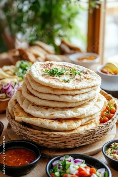 Fototapeta Tasty flatbread stack on table; gathering with salads and sides, indoor light