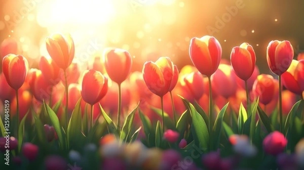 Fototapeta A close-up of vibrant tulips in a colorful garden under the spring sunlight 