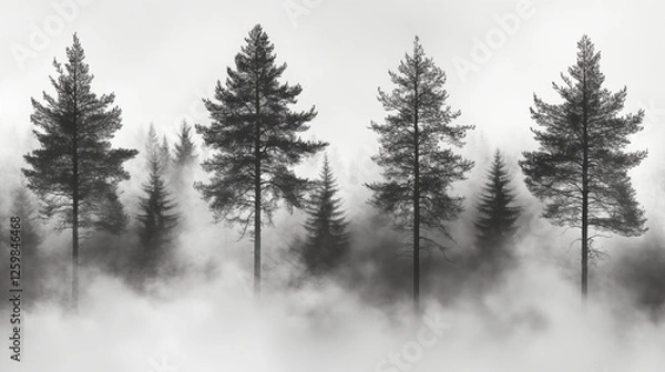 Obraz Tall pine trees silhouetted in morning fog creating mysterious forest atmosphere. Moody black and white nature landscape with evergreen trees