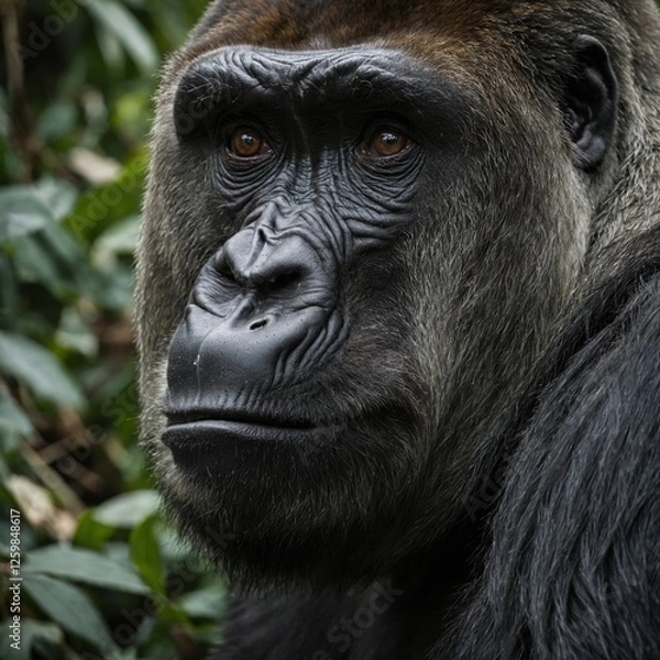 Fototapeta Get an eye-level portrait of a gorilla for a human-like expression.