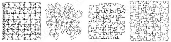 Fototapeta Vector illustration showcasing the process of assembling a hand-drawn puzzle from organized pieces to a completed design