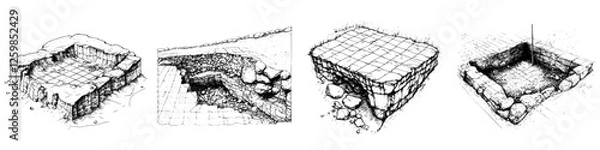 Fototapeta Detailed hand-drawn vector illustration of different excavation stages in archaeological site exploration