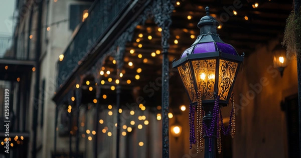 Fototapeta A purple and gold street lamp adorned with Mardi Gras beads stands on the corner of an old building in New Orleans, glowing warmly against a blurred nighttime cityscape.