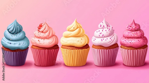 Fototapeta Colorful Cupcake Illustration with Sprinkles and Whipped Frosting on Pink Background, Perfect for Birthday Invitations and Bakery Designs